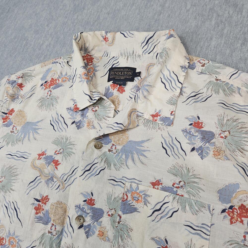 Pendleton Shirt Mens XL White Aloha Loop Collar Camp Shirt Hula Pineapple Floral